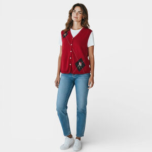 VINTAGE KORET Vest Women Size Medium Petite Button-up Sleeveless Embroidered